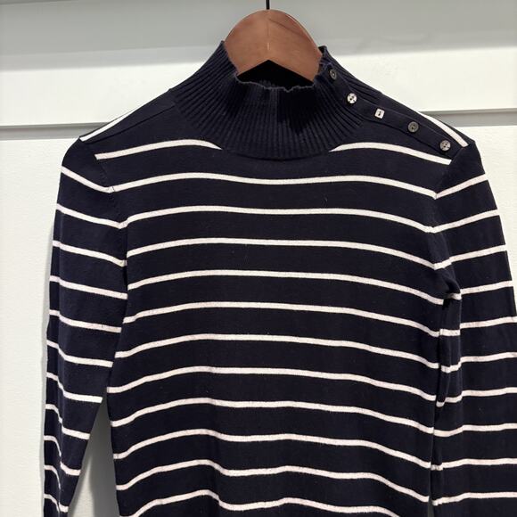 Laura Ashley Sweater Women Small Navy Striped Button Shoulder Mock Neck Nautical - Picture 3 of 11
